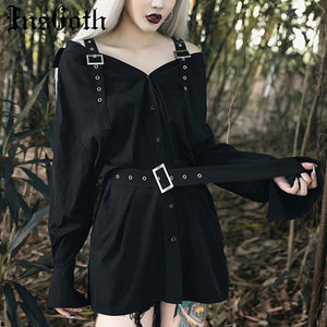 Gothic Punk Black Dress Korean Style Off Shoulder Women Dress Straight Belt Button Casual Goth Dark Female Sexy Street Dress