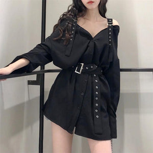 Gothic Punk Black Dress Korean Style Off Shoulder Women Dress Straight Belt Button Casual Goth Dark Female Sexy Street Dress