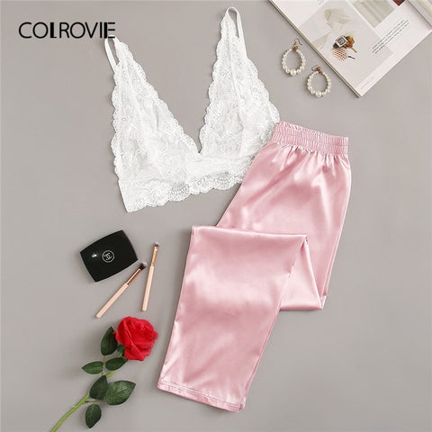 COLROVIE Pink Floral Lace Bralette With Satin Pants Women Sexy Pajamas Set 2019 Summer Underwear Nightgowns Female Sleepwear