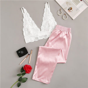 COLROVIE Pink Floral Lace Bralette With Satin Pants Women Sexy Pajamas Set 2019 Summer Underwear Nightgowns Female Sleepwear