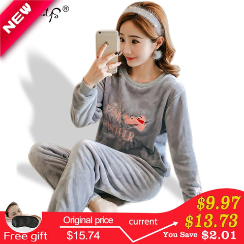 Autumn and Winter Women Pyjamas Sets Thick Warm Coral Velvet Suit Flannel Long Sleeve Female Cartoon Bear Animal Pants Sleepwear