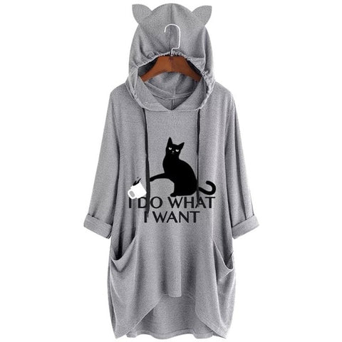 Women Hoodies Plus Size I Do What I Want Letter Print Cat And Cup Ear Pattern Pocket Sweatshirt Oversized Cute Pullover Femme