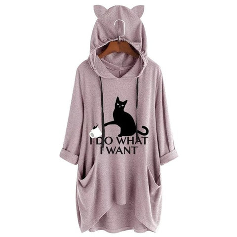 Women Hoodies Plus Size I Do What I Want Letter Print Cat And Cup Ear Pattern Pocket Sweatshirt Oversized Cute Pullover Femme