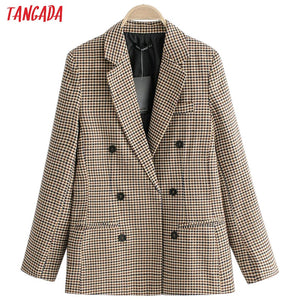 Tangada women vintage plaid blazer female long sleeve elegant jacket ladies work wear blazer formal suits QJ76