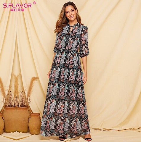 S.FLAVOR 2019 Autumn Printing Long Dress For Women Hot Sale Bohemian Style Chiffon Dresses Female 3/4 Sleeve Casual Vestidos