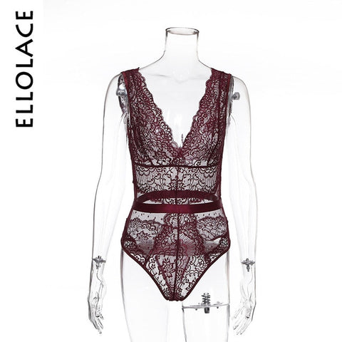 Ellolace Summer Lace Bodysuit Women Floral Embroidery Deep V Neck Sexy Bodysuit Dot Patchwork Jumpsuit Overalls 2019 Femlae Body