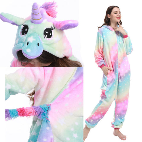 Winter Pink Unicorn Pajama Sets Cartoon Sleepwear Women Pajamas Flannel Animal Stitch Panda Unicorn Pyjama Kigurumi Nightwear