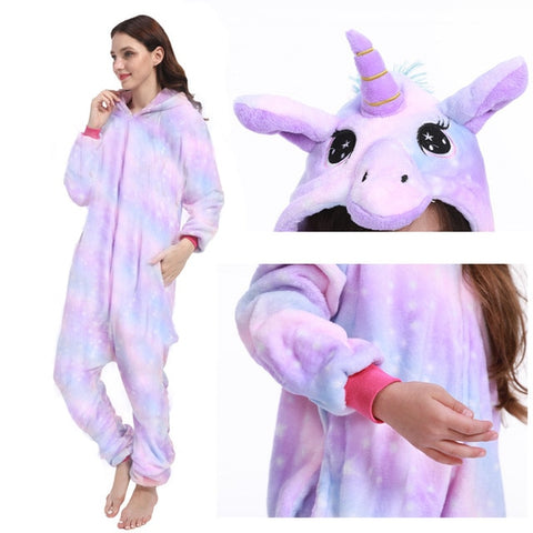 Winter Pink Unicorn Pajama Sets Cartoon Sleepwear Women Pajamas Flannel Animal Stitch Panda Unicorn Pyjama Kigurumi Nightwear