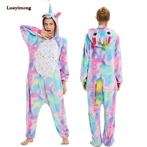 Winter Pink Unicorn Pajama Sets Cartoon Sleepwear Women Pajamas Flannel Animal Stitch Panda Unicorn Pyjama Kigurumi Nightwear