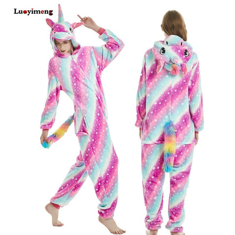 Winter Pink Unicorn Pajama Sets Cartoon Sleepwear Women Pajamas Flannel Animal Stitch Panda Unicorn Pyjama Kigurumi Nightwear