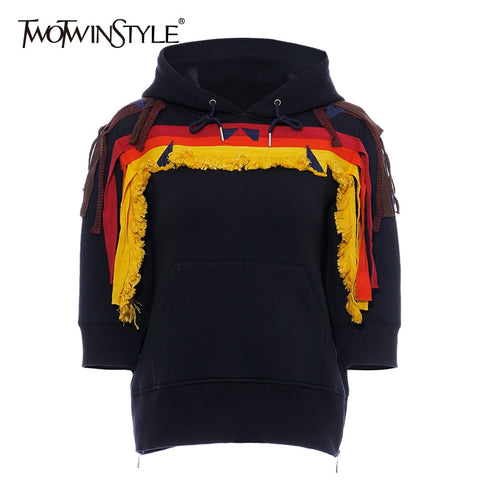 TWOTWINSTYLE Geometric Embroidery Women's Sweatshirt Long Sleeve Tassel Patchwork Side Zipper Hoodie Female 2019 Autumn New