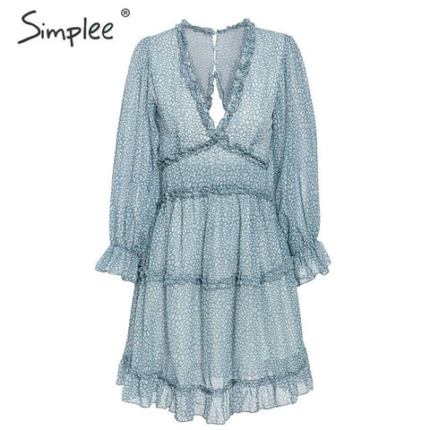 Simplee Sexy v neck women dresses Elegant floral print lantern sleeve ruffle dress Hollow back party ladies mini dress vestido