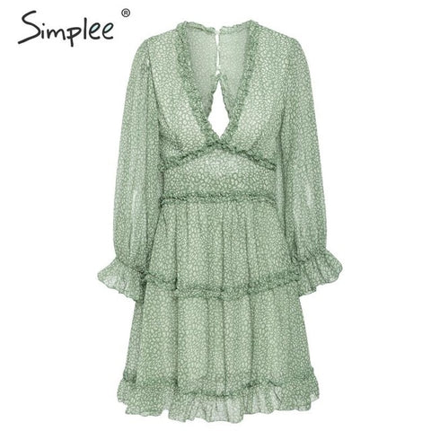 Simplee Sexy v neck women dresses Elegant floral print lantern sleeve ruffle dress Hollow back party ladies mini dress vestido