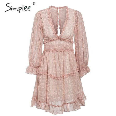 Simplee Sexy v neck women dresses Elegant floral print lantern sleeve ruffle dress Hollow back party ladies mini dress vestido