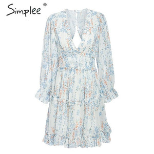 Simplee Sexy v neck women dresses Elegant floral print lantern sleeve ruffle dress Hollow back party ladies mini dress vestido