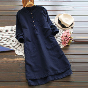 ZANZEA Linen Dress Women Cotton Vestidos 2019 Autumn Winter Long Sleeve Mini Dress Casual Mandarin Long Tunic Shirts Dresses