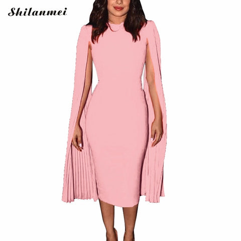 elegant Cape Sleeve Dress women slim solid sexy bodycon dress female 2019 office lady workwear vintage hip package party dresses