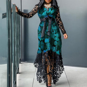 Lace Irregual Maxi Dress 2019 Green Elegant Women Dinner Party Dress Robe Long Sleeve Mesh Stitching Vestiods African Tunic