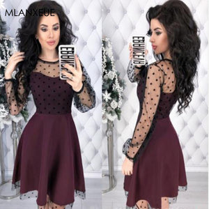 Fashion Patchwork Dot Lace Dress Women Vintage O-Neck Plus Size Party Dresses Female Chic Slim Autumn Long Sleeves A-Line Dress