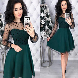 Fashion Patchwork Dot Lace Dress Women Vintage O-Neck Plus Size Party Dresses Female Chic Slim Autumn Long Sleeves A-Line Dress