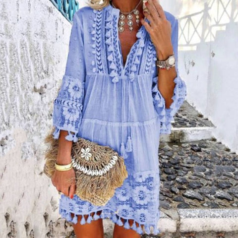 Tassel Hollow Out Mini Dresses Women Summer Autumn Sexy V-Neck Boho Dress 2019 New Bohemian Floral Printed Beach Dress Vestidos