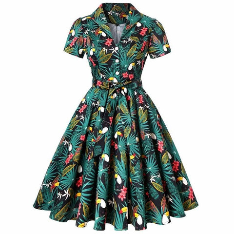 Flamingo Women Tunic Dress Winter Christmas 2019 Short Sleeve Turn Down Collar 50S Pinup Business Everyday Casual Swing Dresses