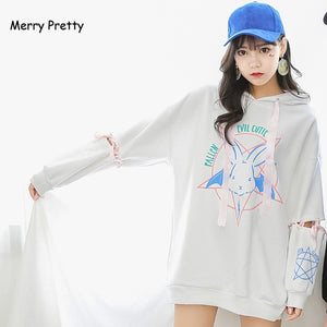 Merry Pretty Harajuku Cute Lolita Women Tumblr Sweatshirt Rabbit Pentacle Print Lace Up Hoodies Loose Tracksuit Pullover Female