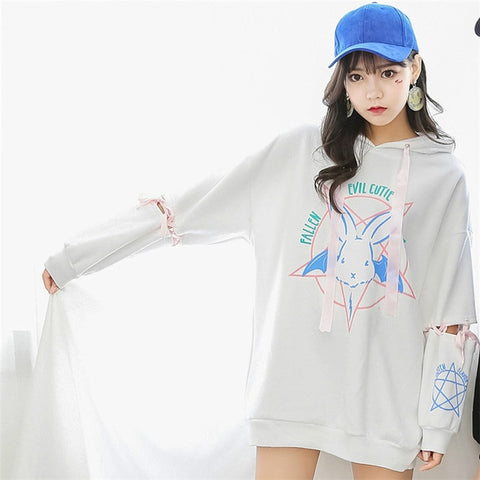 Merry Pretty Harajuku Cute Lolita Women Tumblr Sweatshirt Rabbit Pentacle Print Lace Up Hoodies Loose Tracksuit Pullover Female