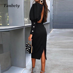 Fanbety Lady Black Puff Sleeve Slit Dress Women Sexy Backless Long Sleeve Dress Autumn Elegant knee-length Party Dress Vestidos