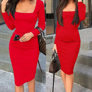 Elegant Dress Women Long Sleeve Bodycon Dress Ladies Autumn Casual Dress Party Dress Xmas Warm Cotton Winter Dress hot