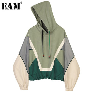 [EAM] Loose Fit Green Contrast Color Oversize Sweatshirt New HoodedLong Sleeve Women Big Size Fashion Autumn Winter 2019 1B468