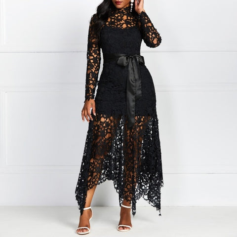 Lace Irregual Maxi Dress 2019 Green Elegant Women Dinner Party Dress Robe Long Sleeve Mesh Stitching Vestiods African Tunic