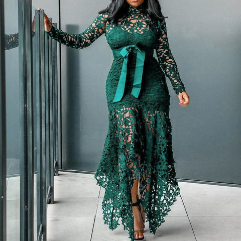 Lace Irregual Maxi Dress 2019 Green Elegant Women Dinner Party Dress Robe Long Sleeve Mesh Stitching Vestiods African Tunic