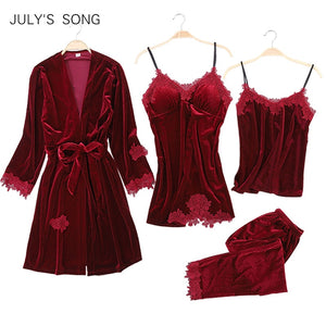 JULY'S SONG 2019 Gold Velvet 4 Pieces Warm Winter Pajamas Sets Women Sexy Lace Robe Pajamas Sleepwear Kit Sleeveless  Nightwear