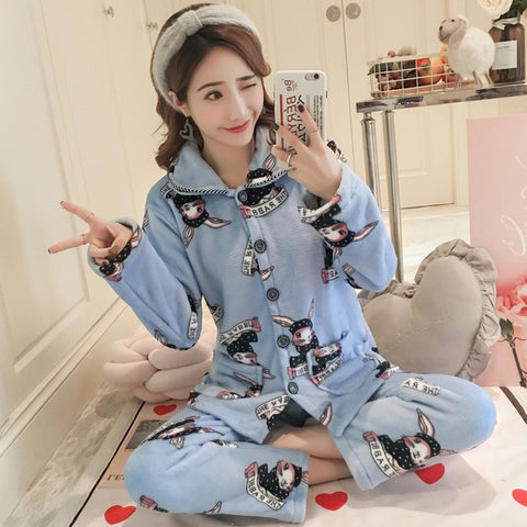 JULY'S SONG Winter Pajamas Set Women Sleepwear Warm Flannel Long Sleeves Pajamas Pink Cute  Animal Homewear Thick Home Suit