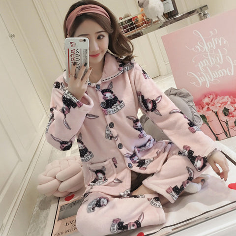 JULY'S SONG Winter Pajamas Set Women Sleepwear Warm Flannel Long Sleeves Pajamas Pink Cute  Animal Homewear Thick Home Suit