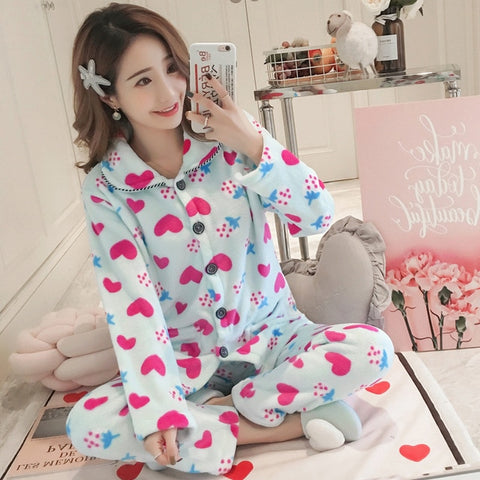 JULY'S SONG Winter Pajamas Set Women Sleepwear Warm Flannel Long Sleeves Pajamas Pink Cute  Animal Homewear Thick Home Suit