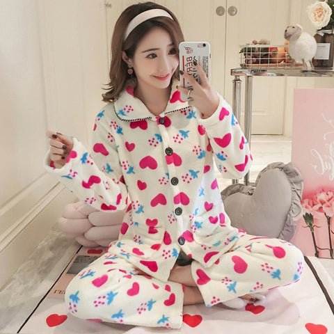 JULY'S SONG Winter Pajamas Set Women Sleepwear Warm Flannel Long Sleeves Pajamas Pink Cute  Animal Homewear Thick Home Suit