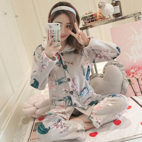 JULY'S SONG Winter Pajamas Set Women Sleepwear Warm Flannel Long Sleeves Pajamas Pink Cute  Animal Homewear Thick Home Suit