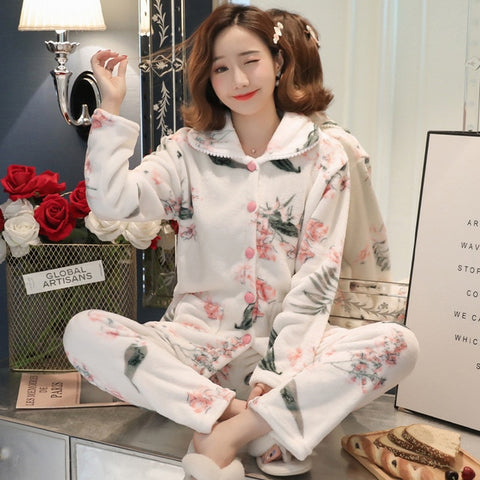 JULY'S SONG Winter Pajamas Set Women Sleepwear Warm Flannel Long Sleeves Pajamas Pink Cute  Animal Homewear Thick Home Suit