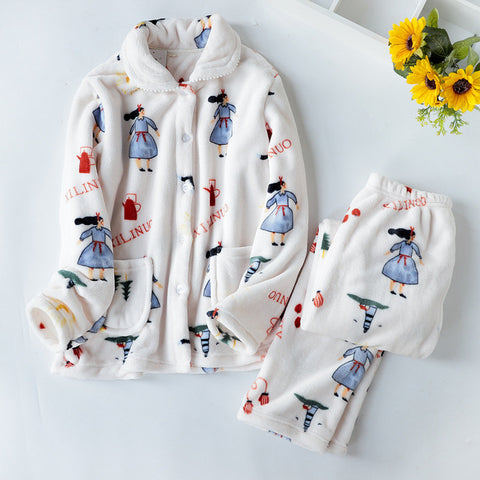 JULY'S SONG Winter Pajamas Set Women Sleepwear Warm Flannel Long Sleeves Pajamas Pink Cute  Animal Homewear Thick Home Suit