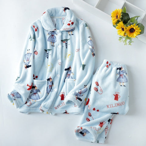 JULY'S SONG Winter Pajamas Set Women Sleepwear Warm Flannel Long Sleeves Pajamas Pink Cute  Animal Homewear Thick Home Suit