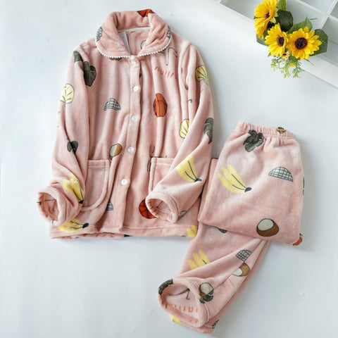 JULY'S SONG Winter Pajamas Set Women Sleepwear Warm Flannel Long Sleeves Pajamas Pink Cute  Animal Homewear Thick Home Suit