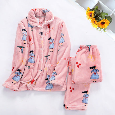 JULY'S SONG Winter Pajamas Set Women Sleepwear Warm Flannel Long Sleeves Pajamas Pink Cute  Animal Homewear Thick Home Suit