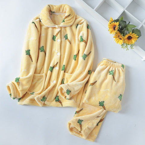 JULY'S SONG Winter Pajamas Set Women Sleepwear Warm Flannel Long Sleeves Pajamas Pink Cute  Animal Homewear Thick Home Suit