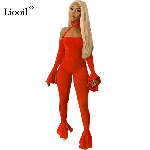 Liooil Sexy One Piece Outfits Backless Tight Bell Bottom Jumpsuits 2019 Flare Sleeve Strapless Bodycon Party Club Women Jumpsuit