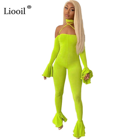 Liooil Sexy One Piece Outfits Backless Tight Bell Bottom Jumpsuits 2019 Flare Sleeve Strapless Bodycon Party Club Women Jumpsuit