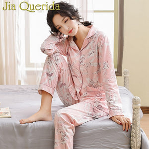 Pajamas For Women 2019 New 100% Pure Cotton Women Home Suit XXXL Grey Floral Lapel Cardigan Top+Long Bottoms 2 Pcs Women Pajamas