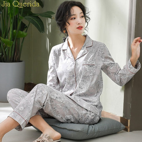 Pajamas For Women 2019 New 100% Pure Cotton Women Home Suit XXXL Grey Floral Lapel Cardigan Top+Long Bottoms 2 Pcs Women Pajamas