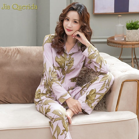 Pajamas For Women 2019 New 100% Pure Cotton Women Home Suit XXXL Grey Floral Lapel Cardigan Top+Long Bottoms 2 Pcs Women Pajamas